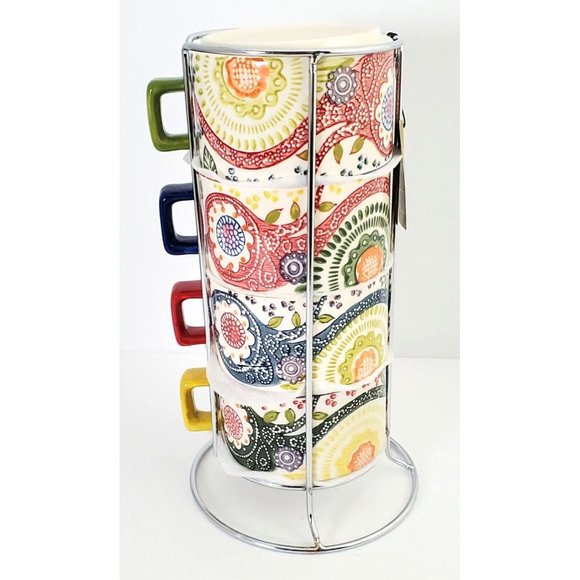 Pier 1 Paisley Stackable Coffee Tea Mugs Cups with Metal Display Rack 4 NIB